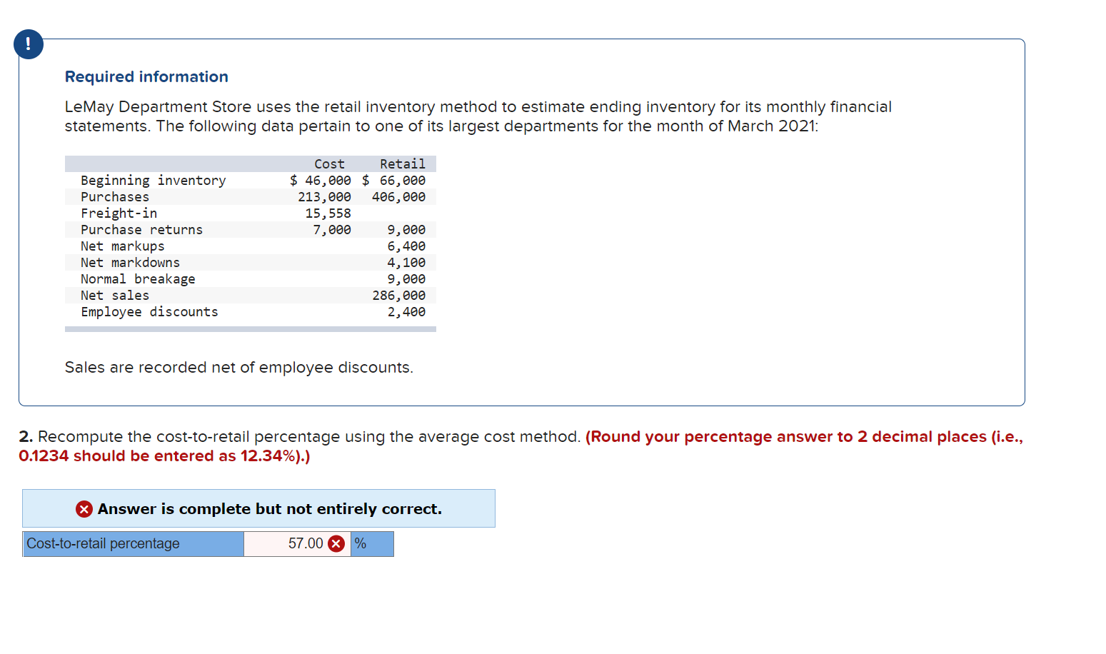  Required information LeMay Department Store uses the retail inventory method to