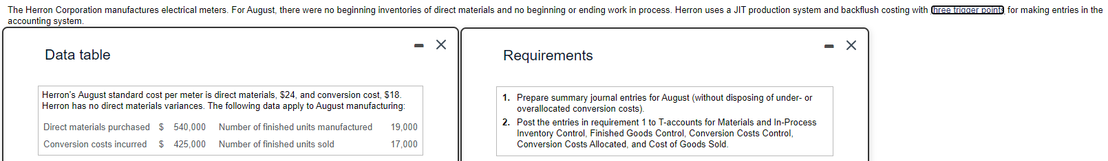  Data table Requirements Herron's August standard cost per meter is direct