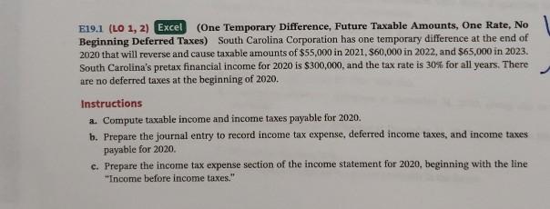  E19.1 (LO 1, 2) Excel (One Temporary Difference, Future Taxable Amounts,