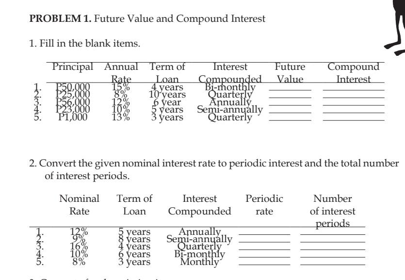 PROBLEM 1. Future Value and Compound Interest 1. Fill in the