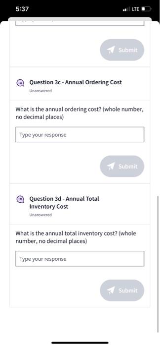 total inventory cost. Annual requirements (R) = 50,000 units Ordering cost (S)