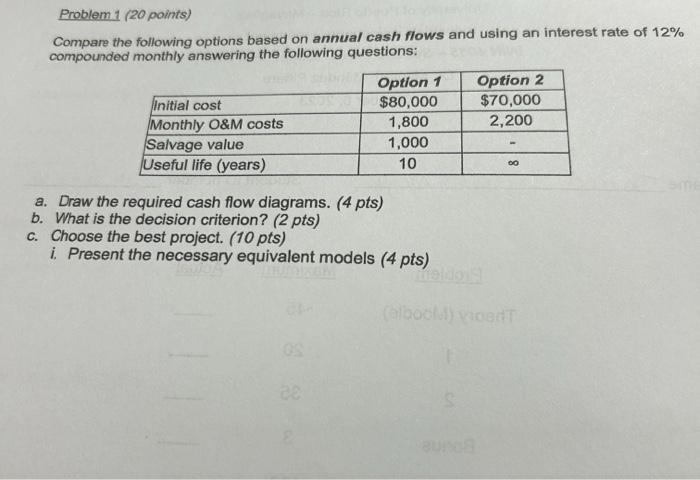  Problem 1 (20 points) Compare the following options based on annual