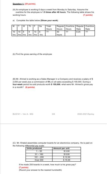 solve the Q please Question 1: 20 points) (A) An employee is
