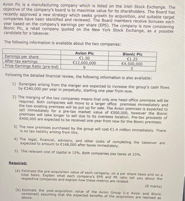 could you solve part b Avion Plc is a manufacturing company which