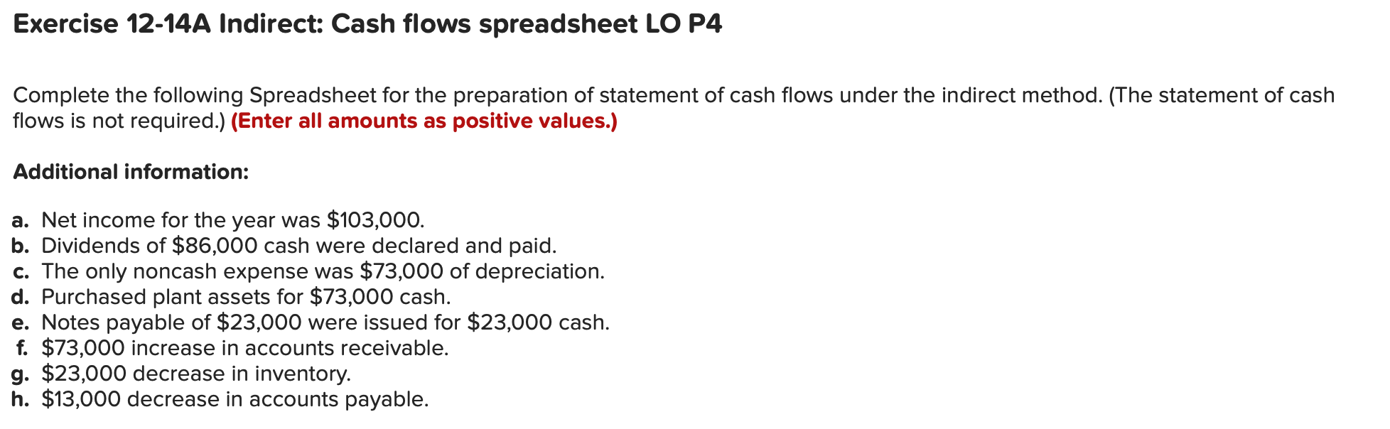  Exercise 12-14A Indirect: Cash flows spreadsheet LO P4 Complete the following