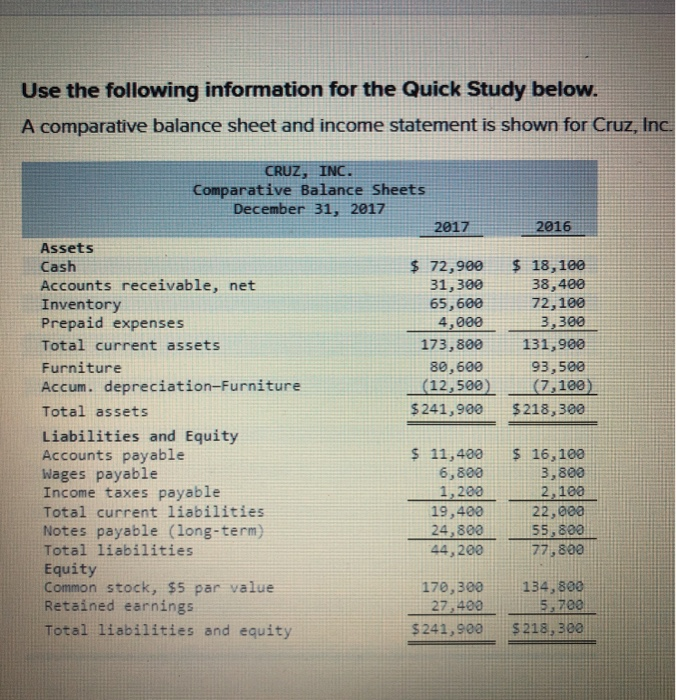  Use the following information for the Quick Study below. A comparative