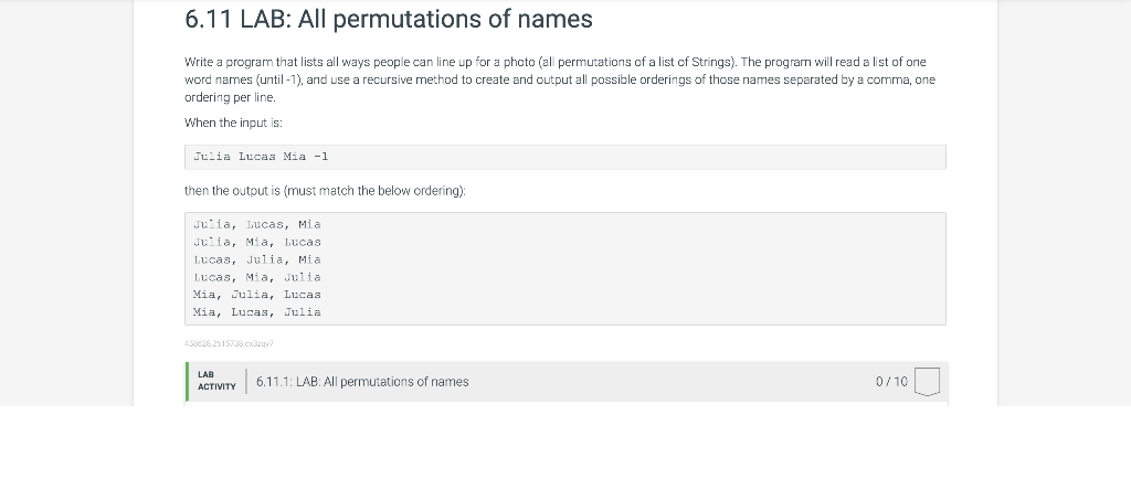 I need this answer in java please 6.11LAB: All permutations of names