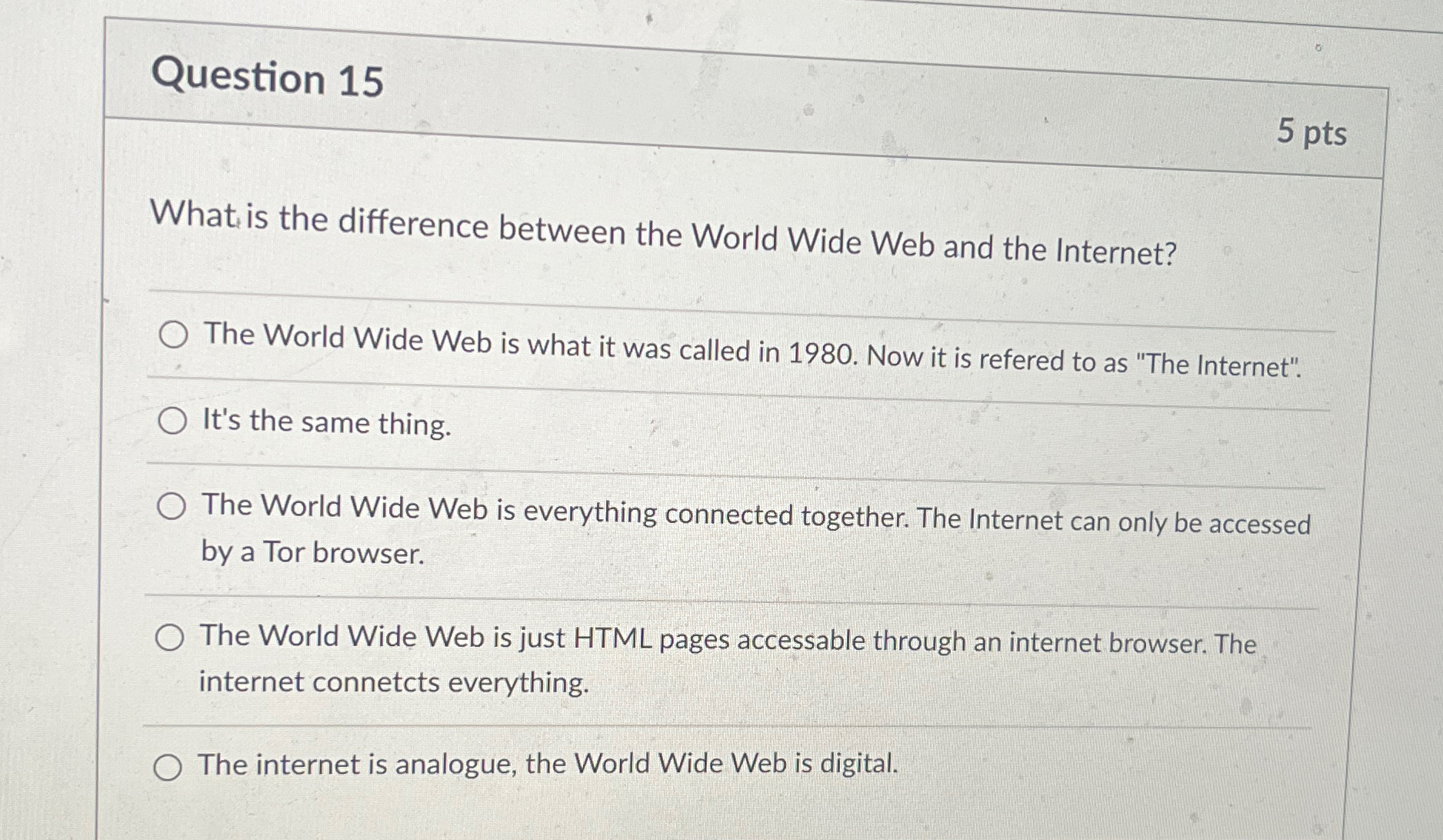 Question 15 5 pts What is the difference between the World