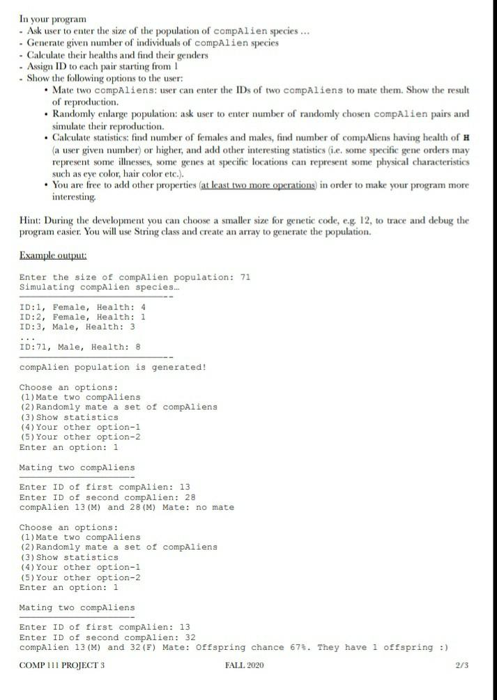 (1) Mate two compAliens (2) Randomly mate a set of compAliens (3)
