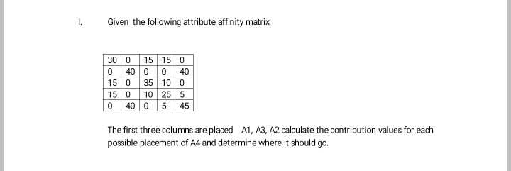  Given the following attribute affinity matrix 30 0 15 150 15