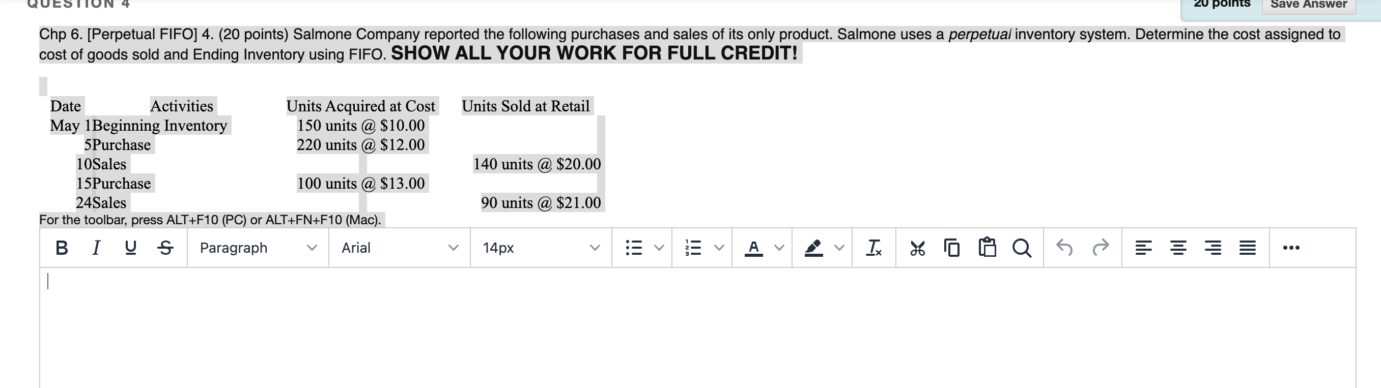  4 20 points Save Answer Chp 6. [Perpetual FIFO] 4. (20