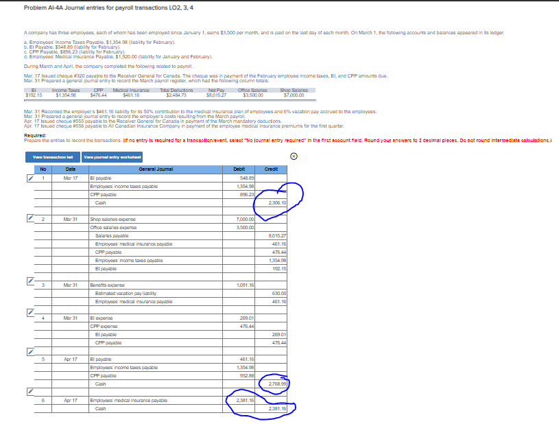  Problem Al-4A Journal entries for payroll transactions LO2, 3, 4 A