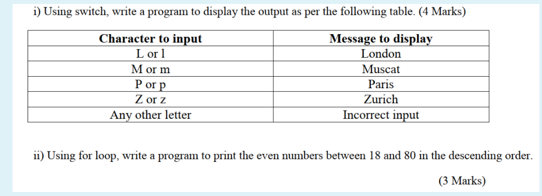 i) Using switch, write a program to display the output as