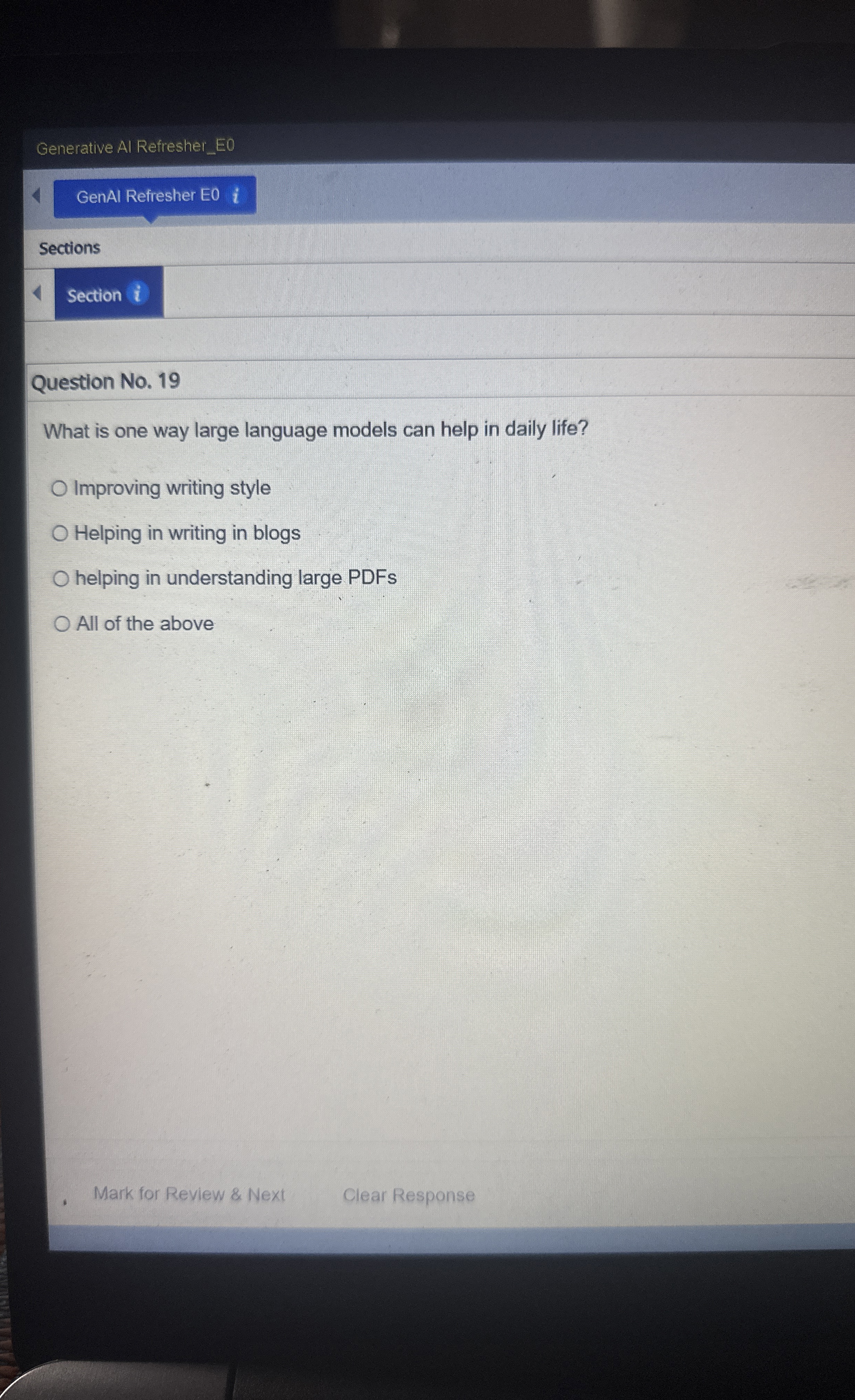  Generative Al Refresher_E0 GenAl Refresher E0i Sections Question No.19 What is