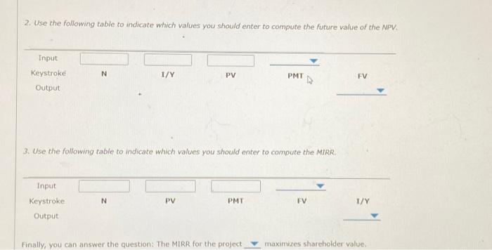indicate which values you should enter to compute the MIRR. Finally, you