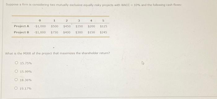 can answer the question: The MIRR for the project v maximizes shareholder