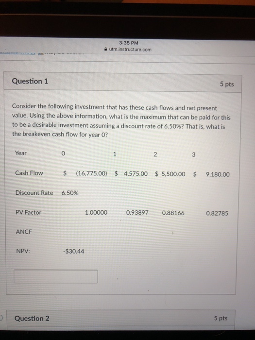  3:35 PM utm.instructure.com Question 1 5 pts Consider the following investment
