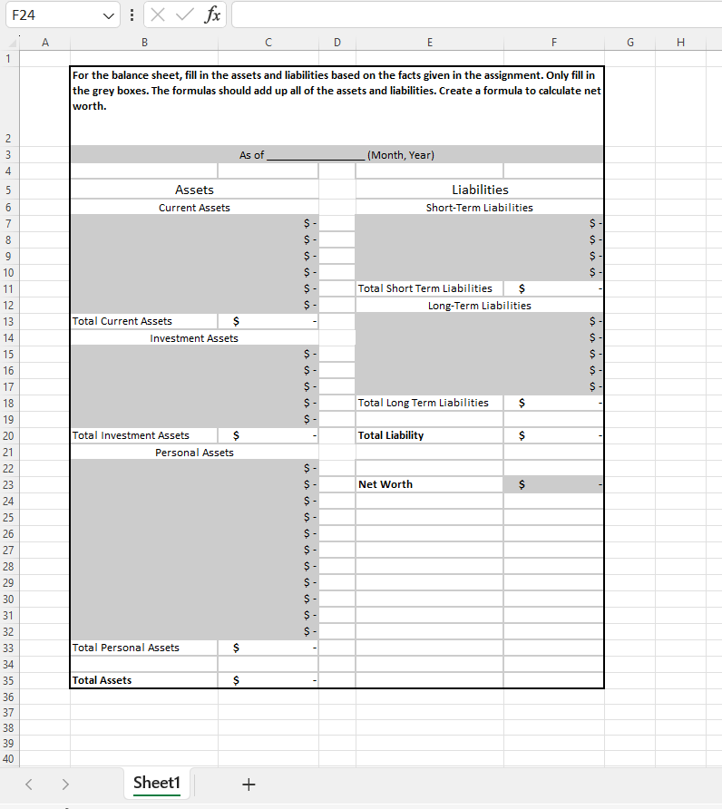 Create Balance Sheet Use the following to create a balance sheet (excel