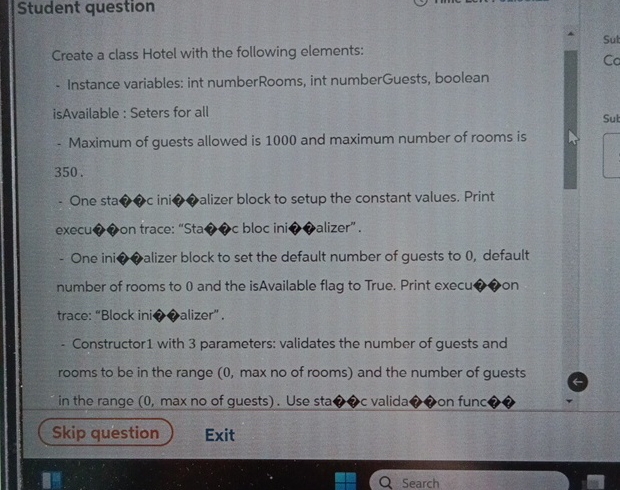  Student question Create a class Hotel with the following elements: Instance