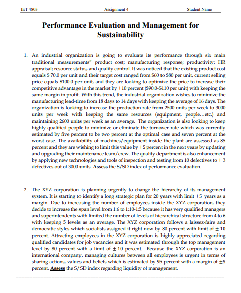 IET 4803 Assignment 4 Student Name Performance Evaluation and Management for