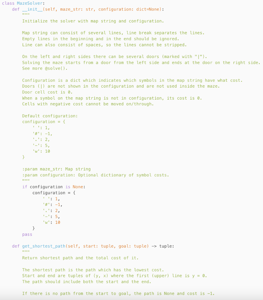 class MazeSolver: def __init__(self, maze_str: str, configuration: dict=None): IIIIII Initialize the solver