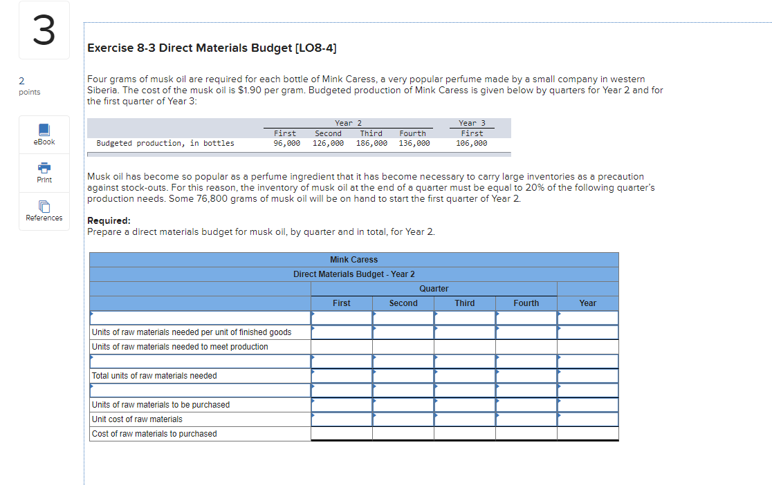 3 Exercise 8-3 Direct Materials Budget (LO8-4) 2 points Four grams