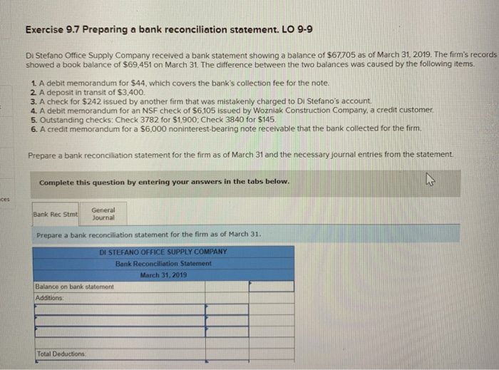  Exercise 9.7 Preparing a bank reconciliation statement. LO 9-9 Di Stefano