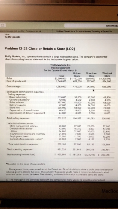  10.00 points Problem 12-23 Close or Retain a Store [LO2] Thrifty