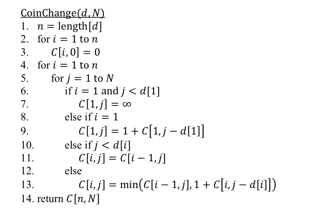 Based off this algorithm: Please answer the following: tvorio oo CoinChange(d, N)
