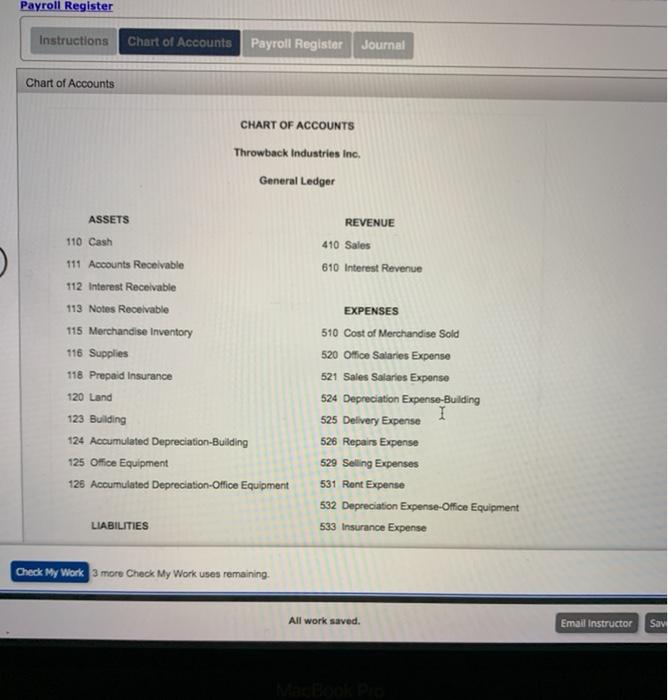 Chart of Accounts Payroll Register Journal Instructions The following data for Throwback