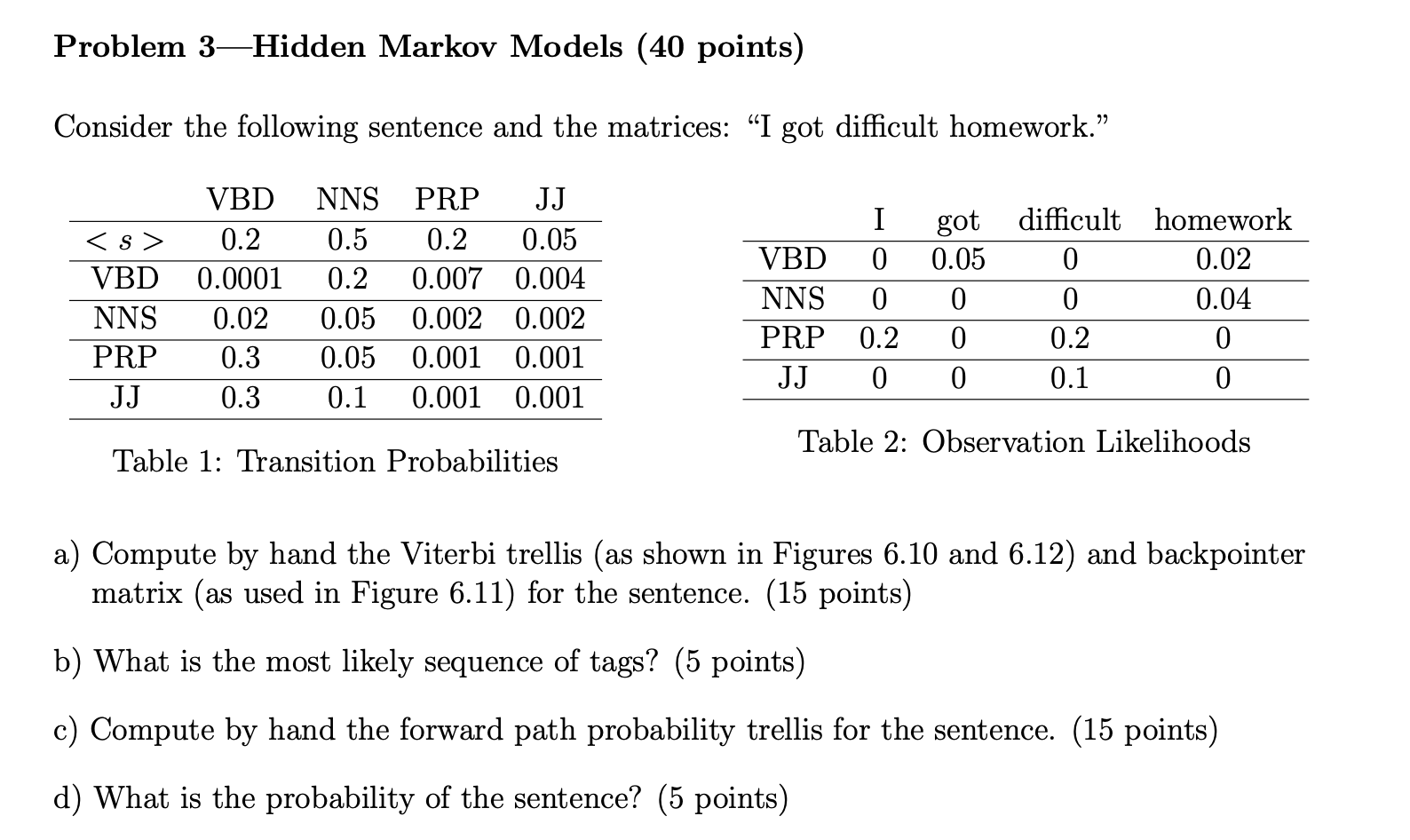 Problem 3-Hidden Markov Models (40 points) Consider the following sentence and