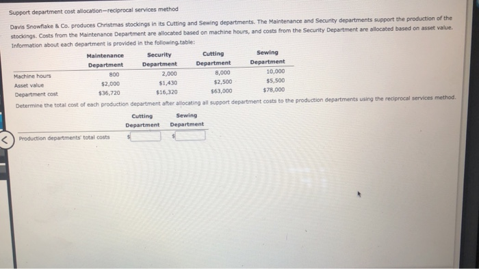  Support department cost allocation-reciprocal services method 8,000 Davis Snowflake & Co.