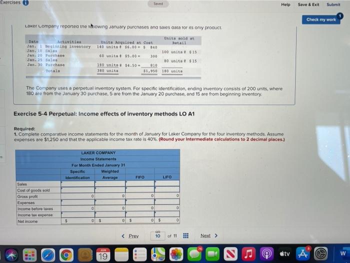  Exercises 0 Help Save & Exit Submit Check my work Laker