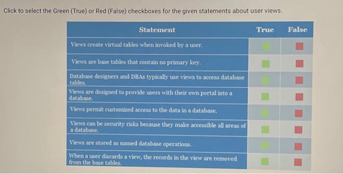  Click to select the Green (True) or Red (False) checkboxes for