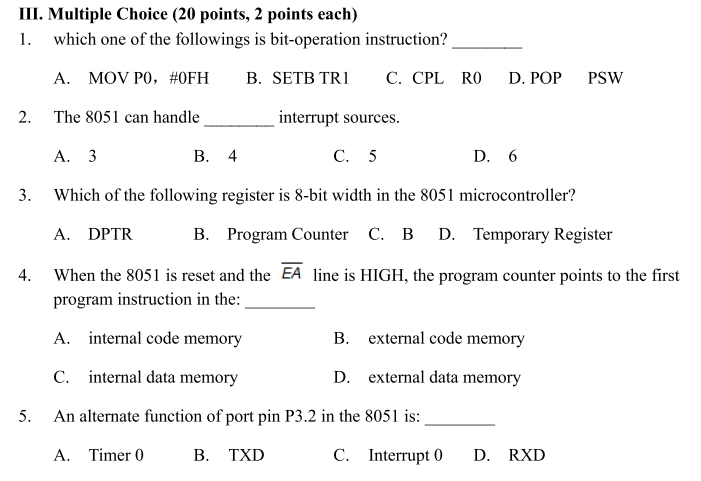 III. Multiple Choice ( 20 points, 2 points each) 1. which