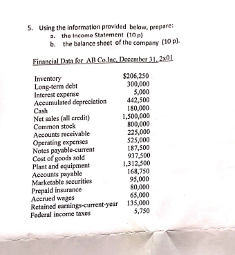  5. Using the information provided below, prepare: a. the Income Statement
