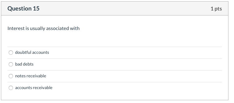  Question 15 1 pts Interest is usually associated with doubtful accounts