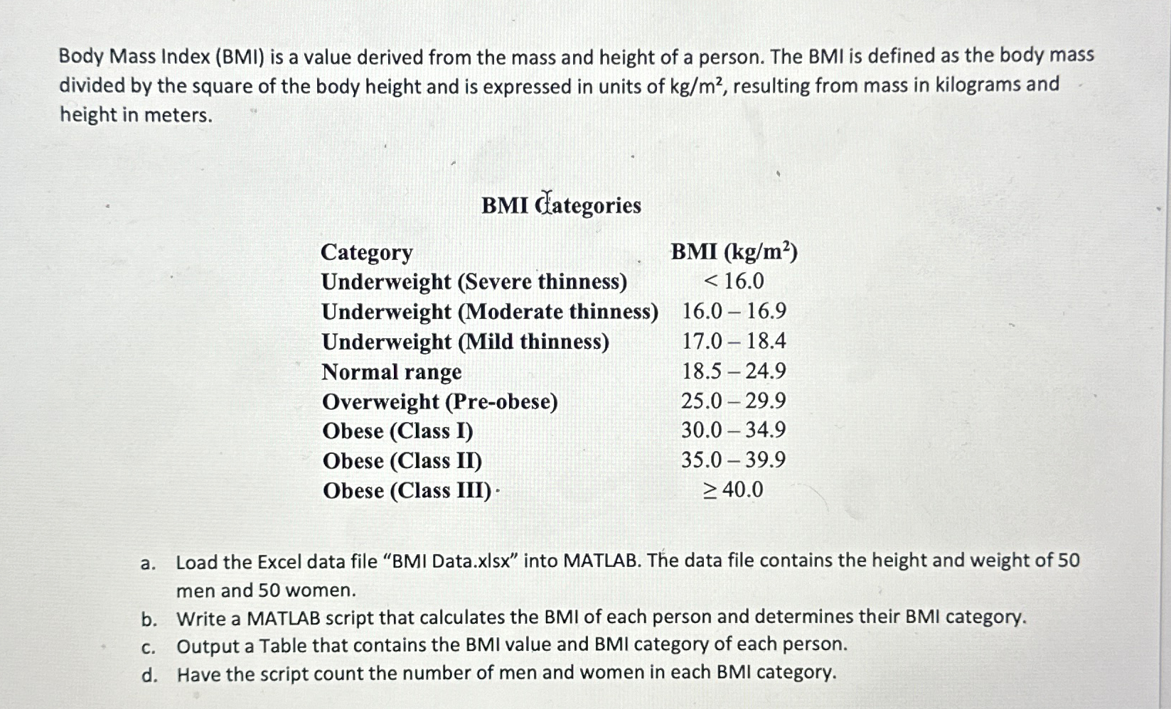  Body Mass Index (BMI) is a value derived from the mass