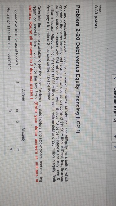  value: 8.33 points Problem 2-20 Debt versus Equity Financing (LG2-1) You