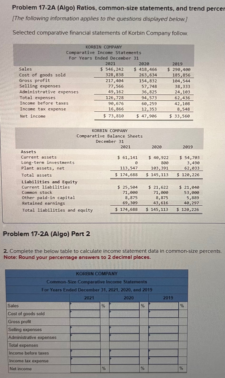 Need help Problem 17-2A (Algo) Ratios, common-size statements, and trend percer [The