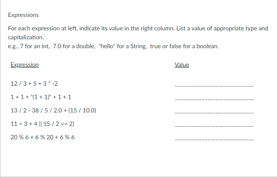 Expressions For each expression at left, indicate its value in the