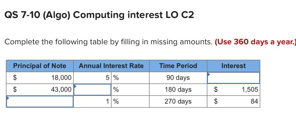 QS 7-10 (Algo) Computing interest LO C2 Complete the following table
