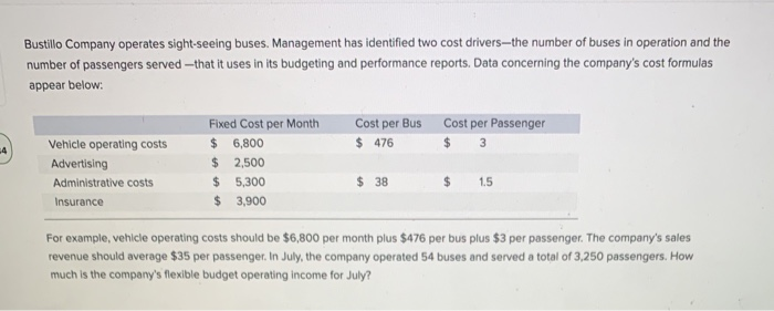  Bustillo Company operates sight-seeing buses. Management has identified two cost drivers-the