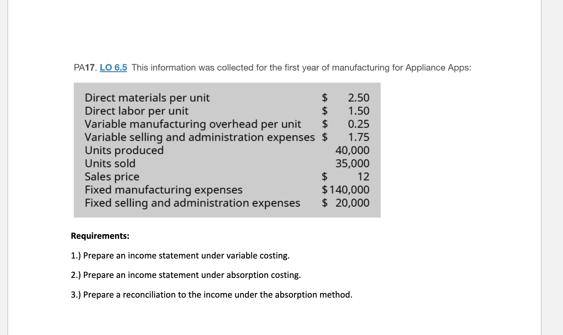  PA17. LO 6.5 This information was collected for the first year