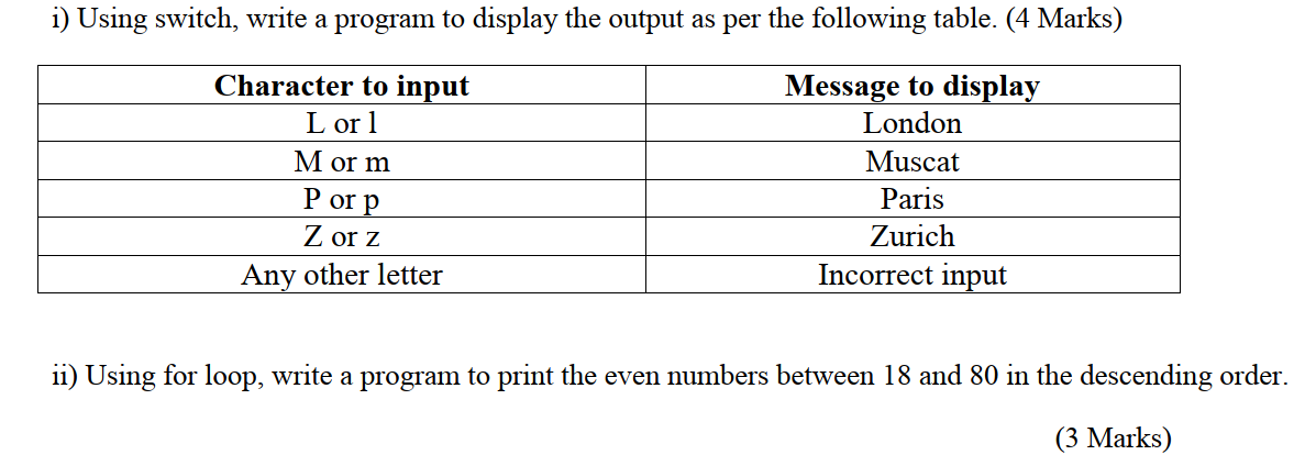  i) Using switch, write a program to display the output as