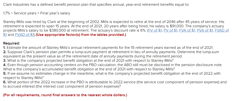 Clark Industries has a defined benefit pension plan that specifies annual,