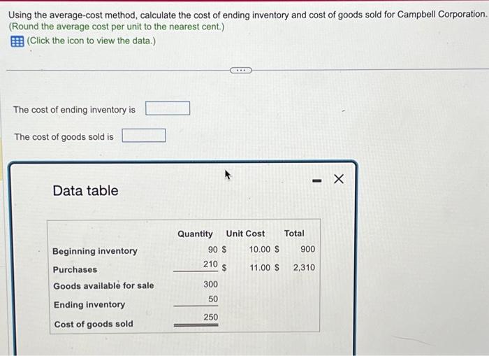  Using the average-cost method, calculate the cost of ending inventory and