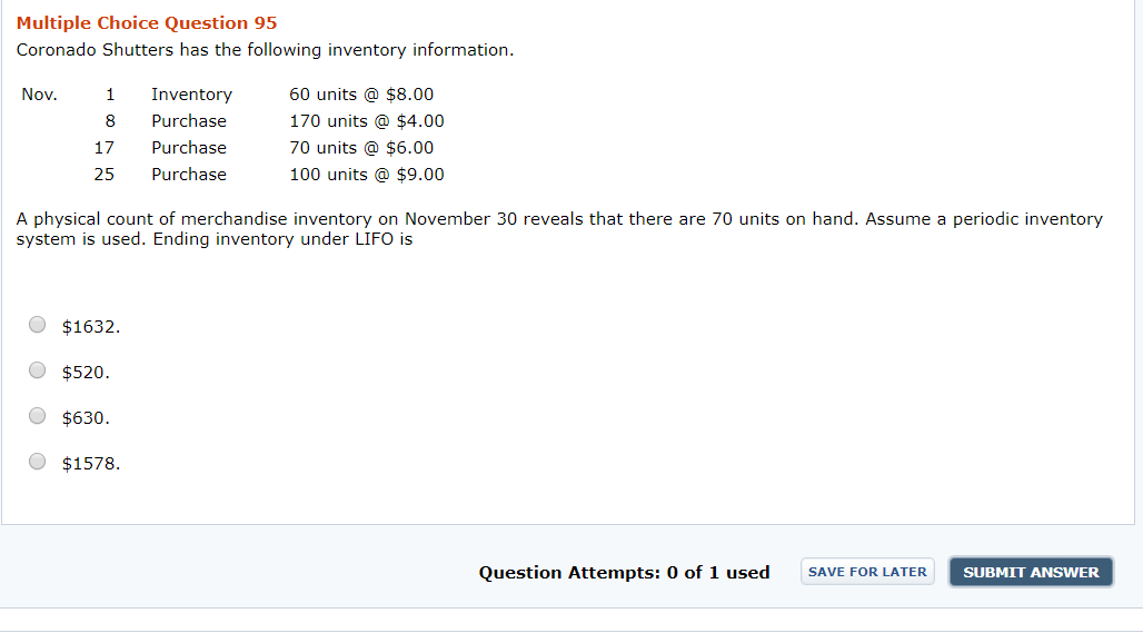  Multiple Choice Question 95 Coronado Shutters has the following inventory information.