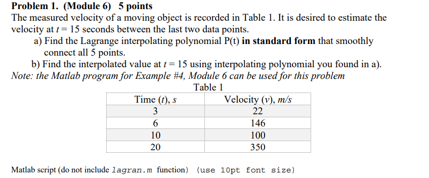  Problem 1.(Module 6)5 points The measured velocity of a moving object