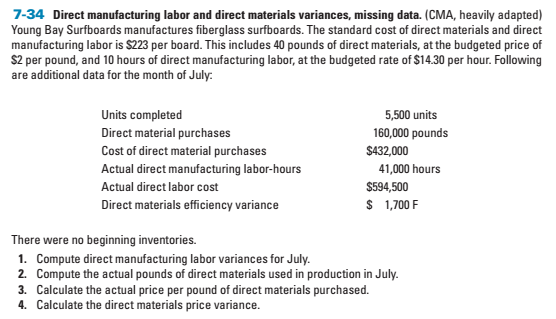 Direct manufacturing labor and direct materials variances, missing data. (CMA, heavily